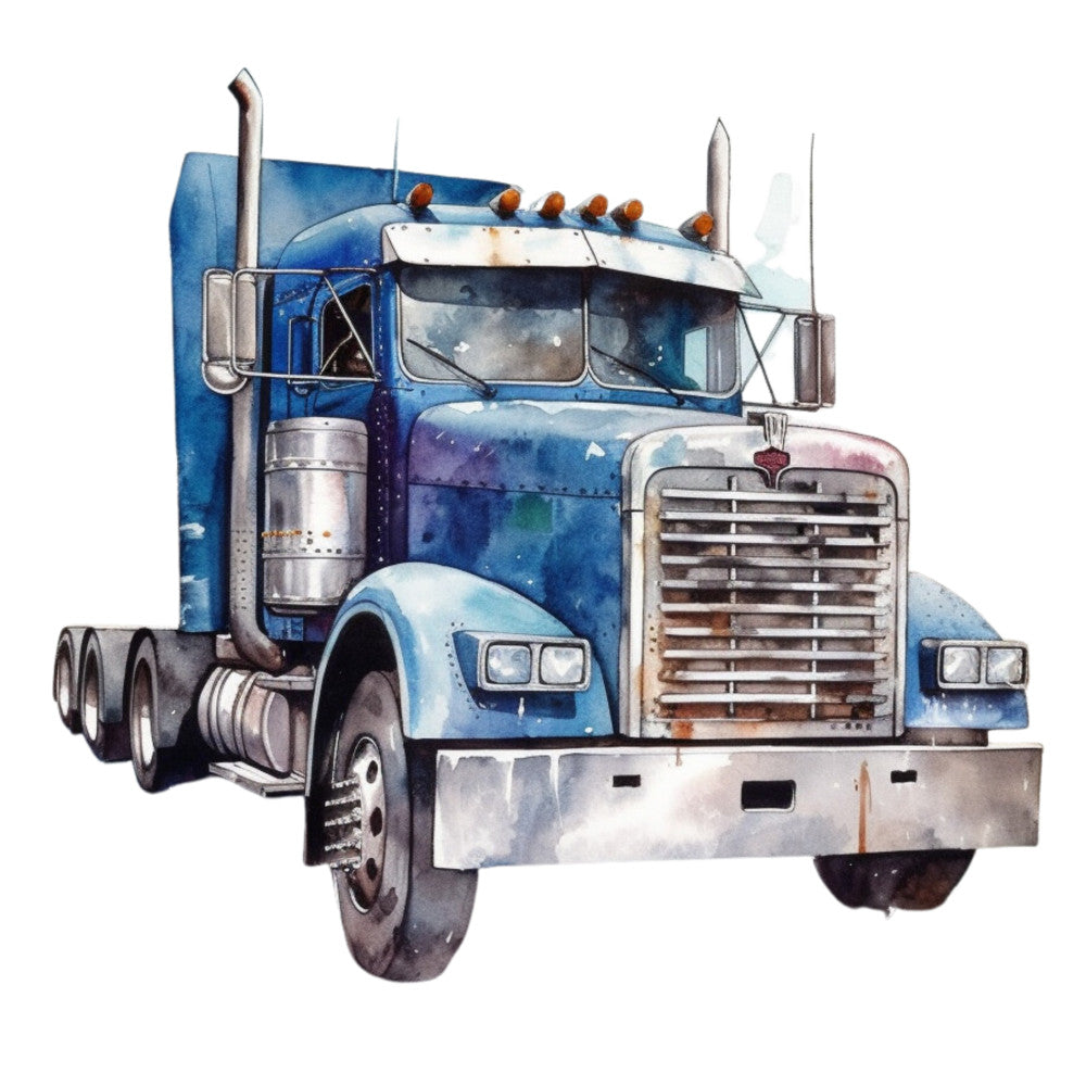 watercolor, semi truck, blue truck, navy blue, light blue, transportation, vehicle, big rig, trucker, automotive, fabric panel, quilting cotton, realistic illustration, masculine theme, road warrior, chrome details, orange lights, gray accents, white background, commercial vehicle