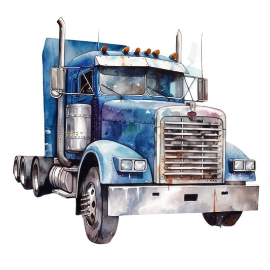 watercolor, semi truck, blue truck, navy blue, light blue, transportation, vehicle, big rig, trucker, automotive, fabric panel, quilting cotton, realistic illustration, masculine theme, road warrior, chrome details, orange lights, gray accents, white background, commercial vehicle