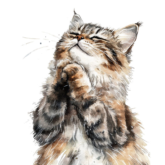 cat, tabby cat, cat portrait, feline, animal, watercolor cat, realistic cat, brown tabby, grey tabby, cream colored, tan, beige, white, black, brown, watercolor, painted effect, artistic, whimsical, playful, cute animals, pet portrait, cat lover, nature inspired, illustration style, modern art, contemporary, animal illustration, home decor, wall art