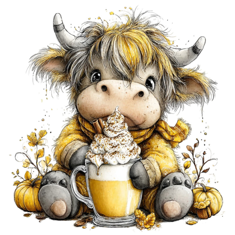 cream, gold, golden yellow, tan, beige, brown, whimsical, cute, charming, highland cattle, highland cow, yak, animals, autumn, fall, pumpkins, beer mug, coffee mug, dessert, whipped cream, rustic, farmhouse, cozy, sweet, playful, festive, harvest theme, nature inspired, folk art style