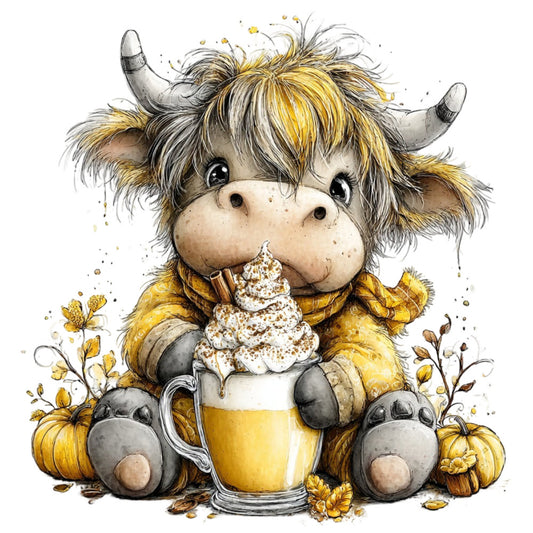 cream, gold, golden yellow, tan, beige, brown, whimsical, cute, charming, highland cattle, highland cow, yak, animals, autumn, fall, pumpkins, beer mug, coffee mug, dessert, whipped cream, rustic, farmhouse, cozy, sweet, playful, festive, harvest theme, nature inspired, folk art style
