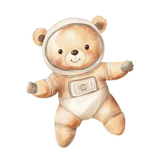 astronaut bear, space bear, teddy bear, cute animals, whimsical, children's, baby, tan, beige, cream, brown, soft colors, pastel, animal characters, space theme, celestial, adventure, playful, nursery, cute prints, illustration style, watercolor, gender neutral, child friendly, storybook, charming, sweet, decorative, space exploration