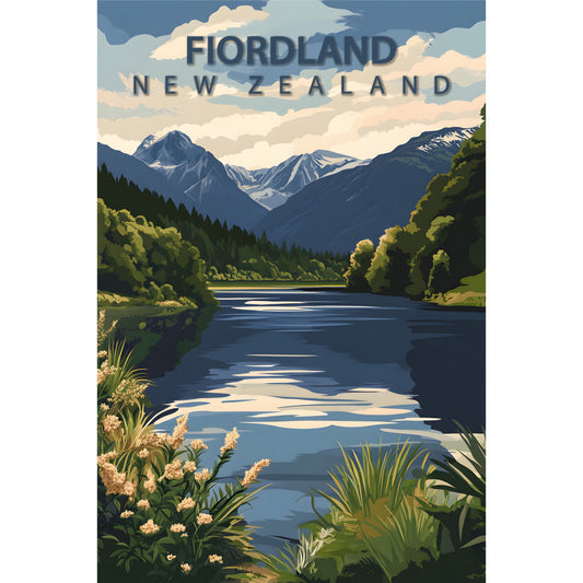 fabric panel, travel poster, fiordland, new zealand, mountain landscape, fjord scene, blue water, snow-capped peaks, green forest, dense woodland, reflective lake, vintage poster style, tourism art, scenic vista, navy blue, forest green, cream clouds, outdoor adventure, nature scene, quilting cotton