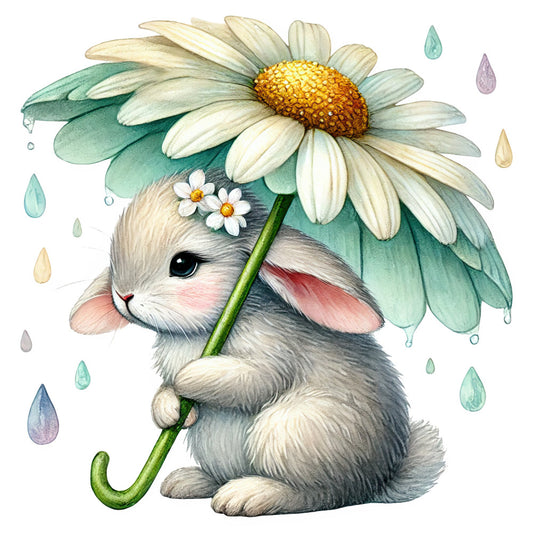 cream bunny, white rabbit, sage green, golden yellow, pastel colors, soft colors, watercolor, floral, daisies, flowers, animals, woodland, nature, whimsical, cute, spring, easter, baby, children's, gentle, sweet, charming, rain drops, teardrops, soft illustration, illustrated animals, bunny holding flower, nursery, storybook style, botanical