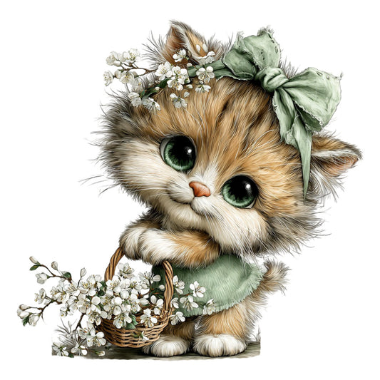 cute cat, kitten, fluffy cat, white and brown cat, calico cat, green eyes, floral crown, daisy flowers, baby's breath, white flowers, flower basket, botanical, spring, whimsical, adorable, sweet, gentle, soft, pastel green, cream white, tan brown, animal illustration, cat face, pet portrait, nature themed, vintage style, cottage core, farmhouse style, children's fabric, nursery
