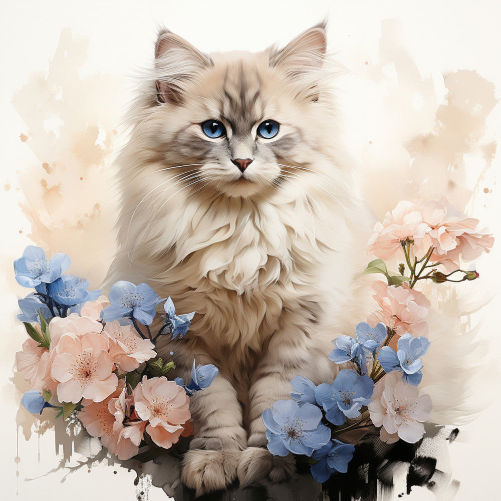Watercolor Cats with Flowers Fabric Panel 18 shows a fluffy cat with blue eyes surrounded by pastel flowers on premium cotton fabric.
