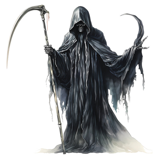 grim reaper, skeleton, skull, dark fantasy, gothic, black, charcoal gray, silver, death, spooky, halloween, horror, mystical, supernatural, hooded figure, scythe, dark robes, tattered, sinister, eerie, monochromatic, dramatic, elegant dark, autumn, gothic style, fantasy character, wall hanging, dark aesthetic, moody