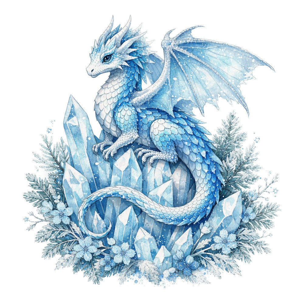 ice blue, frost blue, pale blue, white, silver, winter dragon, fantasy dragon, ice dragon, crystalline, icy, frozen, winter, snow, frost, crystal, gemstone, magical, whimsical, elegant, ethereal, dragon, wings, scales, evergreen, botanical, nature, celestial, sparkle, shimmering, wall hanging