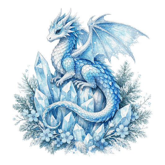 ice blue, frost blue, pale blue, white, silver, winter dragon, fantasy dragon, ice dragon, crystalline, icy, frozen, winter, snow, frost, crystal, gemstone, magical, whimsical, elegant, ethereal, dragon, wings, scales, evergreen, botanical, nature, celestial, sparkle, shimmering, wall hanging