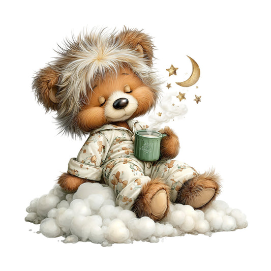 cute bear, teddy bear, sleepy bear, brown and cream, soft brown, cream, sage green, moon, stars, celestial, pajamas, bedtime, nighttime, whimsical, children's, baby, nursery, cozy, sweet, adorable, animal character, storybook, illustrated, fantasy, dreamy, lullaby, goodnight, soft colors, pastel, sleep time