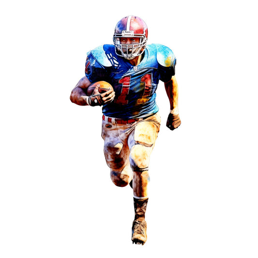 football, sports, athletic, american football, receiver, running back, number 11, red and blue, navy blue, cream, tan, watercolor, action sport, sports theme, sports motif, masculine, energetic, dynamic, team spirit, gameday, touchdown, football fan, sports apparel inspired, illustration style, painted effect, gradient colors, gold accents, helmet, sporty
