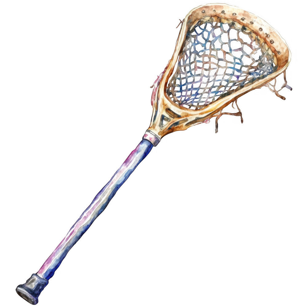 lacrosse stick, sports equipment, athletic gear, purple gradient, blue ombre, tan brown, cream, mesh netting, wooden frame, metallic accents, sports themed, recreational equipment, game gear, athletic illustration, watercolor style, detailed illustration, sports fan gift, team spirit, game day, lacrosse player, vintage sports, hand painted effect, realistic artwork, tan and blue, purple and blue, brown leather, sport equipment decor, athletic wall art, game room
