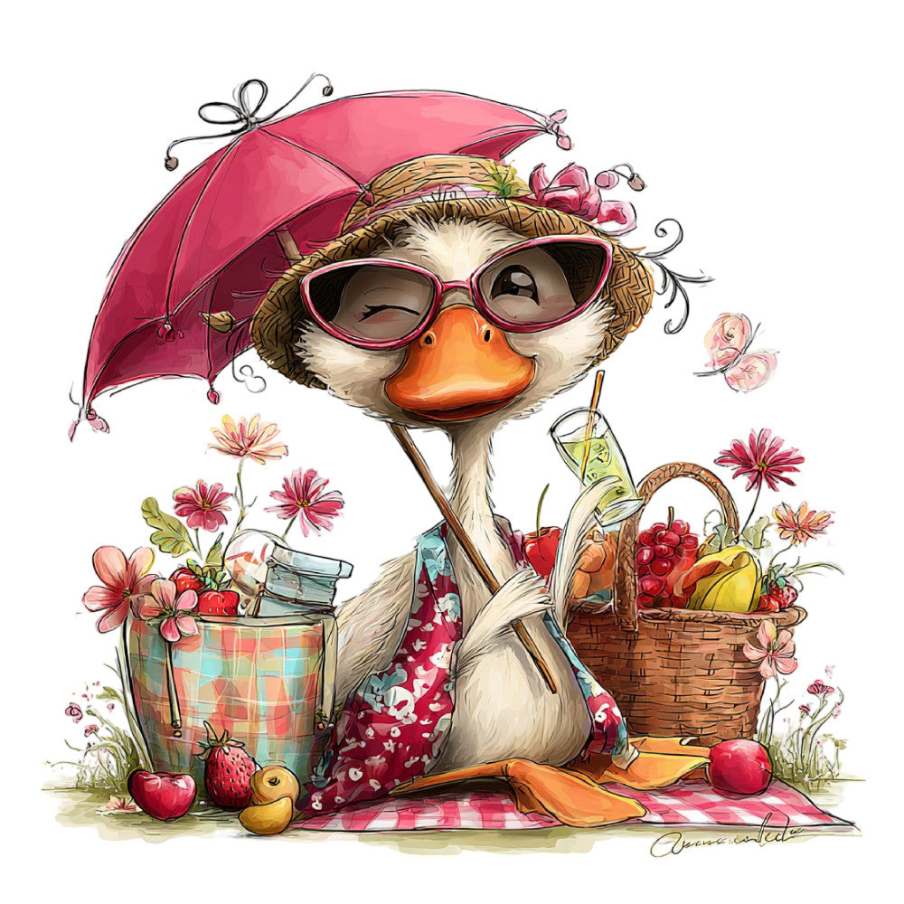 whimsical duck, pink umbrella, floral, spring, summer, picnic, farmhouse, cute animals, straw hat, sunglasses, coral orange, dusty rose, cream white, sage green, yellow, plaid picnic blanket, flowers, butterflies, vintage style, cheerful, playful, nature theme, garden, desserts and fruit, beverage print, children's fabric, novelty print, country charm, cottage core, illustration art
