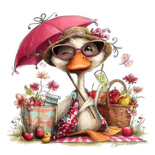 whimsical duck, pink umbrella, floral, spring, summer, picnic, farmhouse, cute animals, straw hat, sunglasses, coral orange, dusty rose, cream white, sage green, yellow, plaid picnic blanket, flowers, butterflies, vintage style, cheerful, playful, nature theme, garden, desserts and fruit, beverage print, children's fabric, novelty print, country charm, cottage core, illustration art