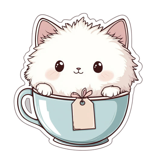 cute cat, white fluffy cat, kitten, teacup, light blue, soft blue, dusty blue, pale pink, blush pink, whimsical, kawaii, adorable, playful, animals, cats, tea themed, beverage, cottage core, cozy, sweet, charming, illustration style, novelty print, child friendly, baby, nursery, pet lover, quirky, endearing