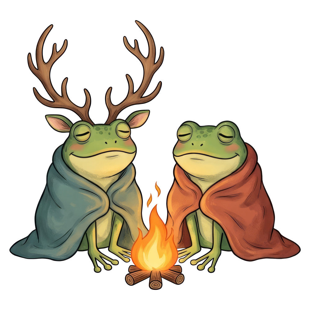 forest green, sage green, tan, cream, rust orange, terracotta, teal blue, charcoal gray, brown, whimsical, novelty, humorous, frogs, animals, campfire, camping, adventure, cozy, nature, woodland, rustic, quirky, playful, autumn, fall, bonfire, outdoor theme, cottage core, decorative panel, conversation print
