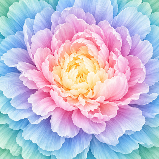 pastel pink, soft yellow, cream, pale blue, lavender, purple, turquoise, mint green, peony, floral, flower, botanical, nature, elegant, romantic, whimsical, spring, summer, watercolor, ombre gradient, layered petals, full bloom, garden, delicate, soft colors, dreamy, artistic, botanical print, multi-colored, vibrant pastels