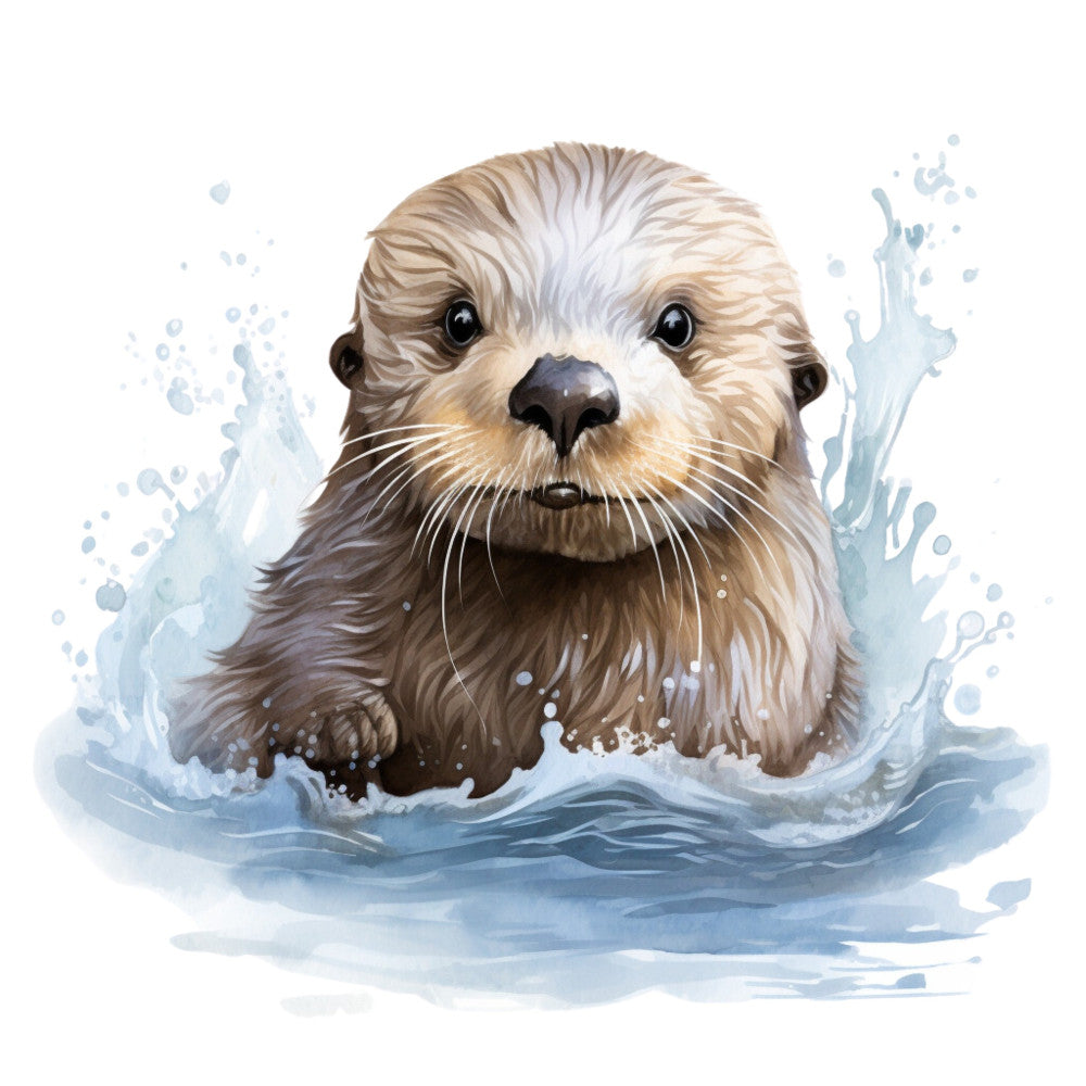 otter, water, aquatic animals, wildlife, nature, watercolor, splash, blue, cream, tan, beige, gray, whimsical, playful, children's, baby, cute animals, river, swimming, adorable, gentle, soft, artistic, painted, illustration, animal portrait, nursery, kids, fun, charming