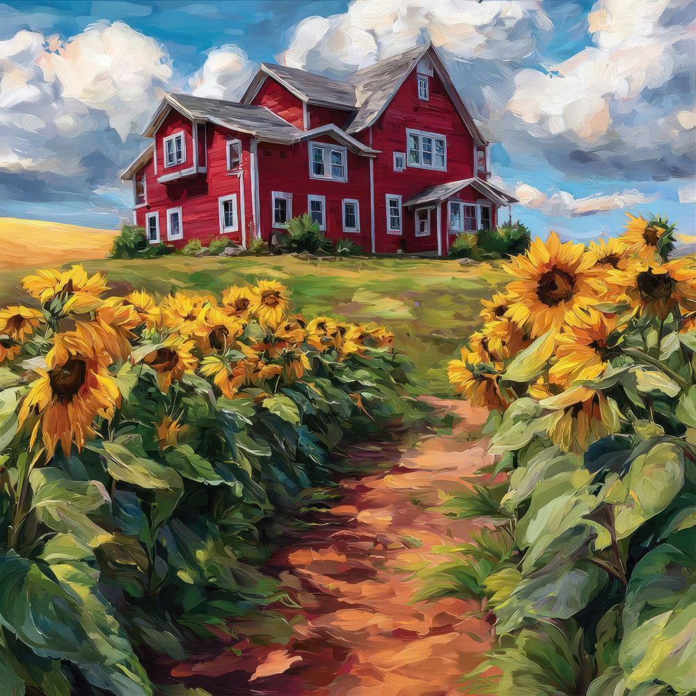 red farmhouse, sunflowers, countryside, rural landscape, golden yellow, sky blue, white clouds, scenic, pastoral, autumn harvest, traditional, rustic, nature scene, landscape painting, red barn, agricultural, farmland, home decor, wall art, country cottage, warm tones, earth tones, field of flowers, summer blooms, harvest time, vintage americana, cottage core, scenic design, botanical, idyllic countryside