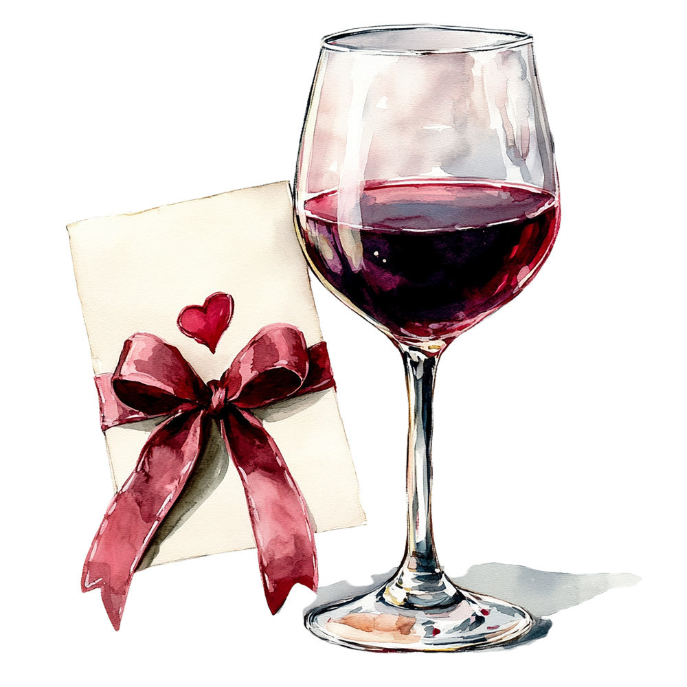 burgundy, deep red, cream, wine glass, gift box, red ribbon, heart motif, romantic, watercolor style, fabric panel, quilting cotton, valentine's theme, elegant, sophisticated, still life, bow decoration, wine theme, romantic evening, soft shadows, hand-painted look