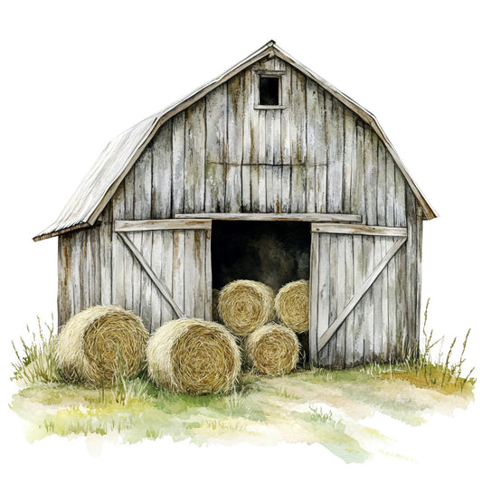 weathered barn, hay bales, rustic wood, sage green, cream, beige, gray, watercolor style, farm scene, countryside, fabric panel, quilting cotton, pastoral, agricultural, vintage barn, open doors, grassy field, rural landscape, muted tones, farmhouse