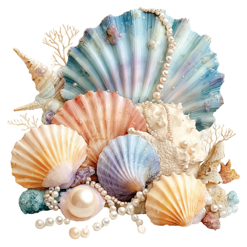seashell, ocean, nautical, coastal, pearl, mermaid, sea creature, turquoise, dusty blue, coral pink, cream, ivory, peach, lavender, purple, pastel, elegant, whimsical, vintage, romantic, seashore, beach, summer, nature, shells, pearls, beads, decorative, ornate, luxe