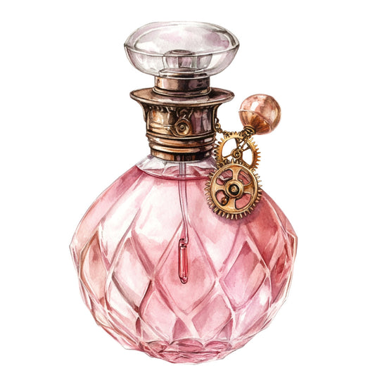 rose pink, blush pink, coral pink, vintage perfume, steampunk, gears, mechanical, copper accents, brass metallic, glass bottle, ornate, elegant, whimsical, victorian, feminine, luxury fragrance, decorative bottle, jewelry charm, beaded embellishment, art deco, glamorous, fashion illustration, beauty themed, vanity decor, home accent, mixed media, watercolor style, romantic, sophisticated, dimensional design