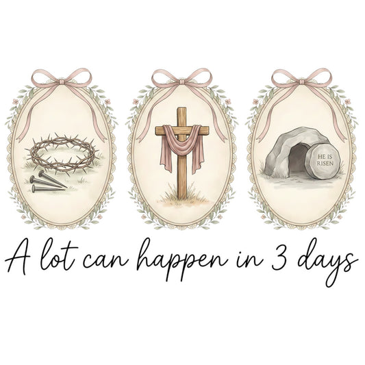 easter, religious, faith, christian, resurrection, cross, crown of thorns, tomb, he is risen, spring, spiritual, devotional, inspirational, dusty rose, cream, beige, tan, gray, floral wreath, botanical, vintage, elegant, traditional, religious imagery, three day journey, easter story, passion of christ, redemption, hope, spiritual design