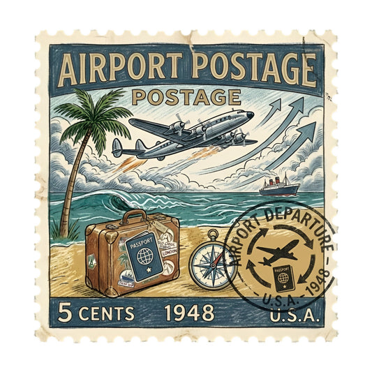 vintage postage stamp, retro travel, airplane, 1948, art deco, nautical, beach scene, tropical palm tree, suitcase, passport, compass, ocean, ship, clouds, airplane pattern, travel themed, art deco style, cream, navy blue, teal blue, tan, seafaring, adventure, wanderlust, mid-century, nostalgic, whimsical, transportation, collectible stamp design, luggage