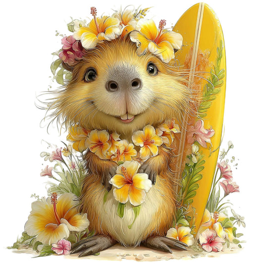 guinea pig, adorable animal, floral, woodland creature, whimsical, cute, yellow, gold, cream, coral pink, rose pink, spring, summer, nature, flowers, hibiscus, cheerful, playful, children's, baby, kawaii, folk art, illustrated, botanical, pastoral, garden, rustic, charming, nursery