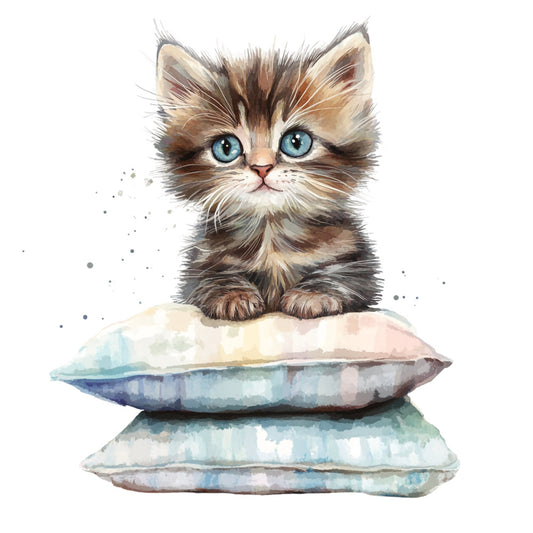 kitten, cat, fluffy, blue eyes, tabby, striped, watercolor, pastel, soft, whimsical, cute, baby, nursery, pillows, cushion, cream, tan, brown, gray, blue, gentle, illustrated, artistic, animal, pet, sweet, children's, playful, cozy