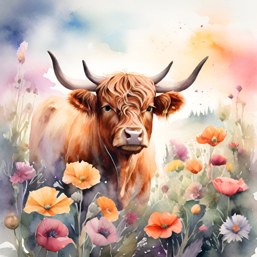 highland cattle, cow, rustic farmhouse, watercolor, floral, poppies, wildflowers, pastoral, nature, animals, cream, peach, coral pink, dusty rose, orange, soft pastels, whimsical, spring, summer, countryside, boho, bohemian, gentle, peaceful, decorative panel, wall art, cottage core, long horns, botanical, garden theme