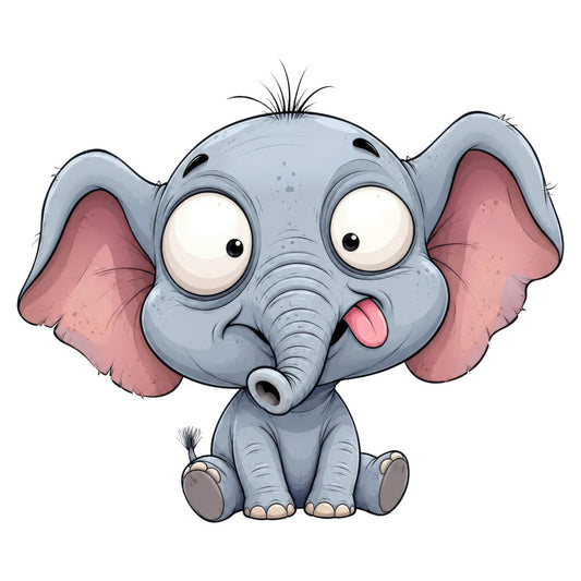 cute elephant, baby elephant, whimsical, cartoon animal, gray, dusty blue, coral pink, rose pink, children's fabric, playful, fun design, animal motif, nursery, baby quilt, kids fabric, tongue out, big ears, expressive eyes, cheerful, playful expression, child-friendly, animal lover, storybook style, illustration, soft colors, pastel blue, charming, endearing character, baby collection