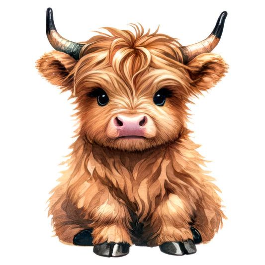 highland cattle, highland cow, brown, tan, cream, golden, rust, black, animal, farmhouse, whimsical, cute, adorable, nursery, children's, baby, folk art, rustic, humorous, funny, long hair, horns, livestock, farm animals, country, cottage core, illustration, portrait, face, hairy cattle