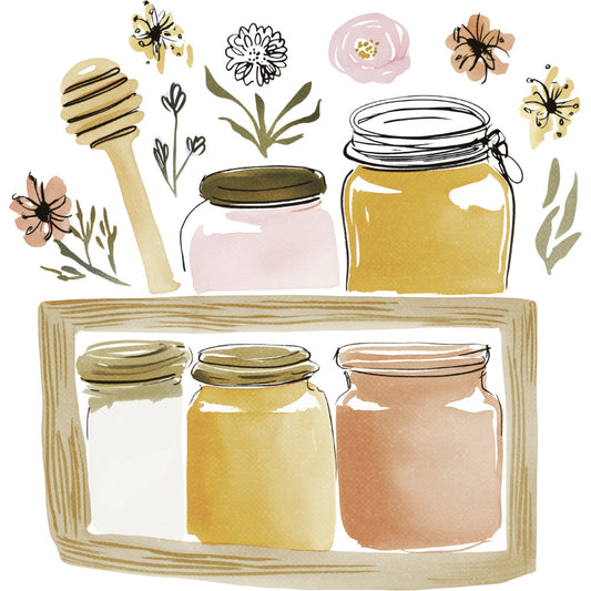 honey bee, beekeeping, mason jar, honey jars, floral, wildflowers, botanical, nature, farmhouse, rustic, cottage core, vintage, spring, summer, yellow, gold, cream, dusty rose, mauve, tan, beige, hand drawn, illustrated, whimsical, honey dipper, flowers, herbs, garden theme, natural, organic