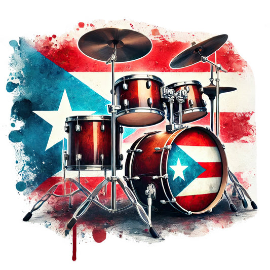 puerto rican flag, red white and blue, drum kit, musical instruments, music themed, abstract watercolor, splatter paint, modern art, patriotic, latin american, cultural, drum set, percussion instruments, artistic, vibrant colors, bold design, contemporary style, music lover gift, concert art, rhythm and beats, flag pattern, star motif, musician inspired, music wall art, cultural pride, energetic design, watercolor effect, red accent, turquoise blue, cream background