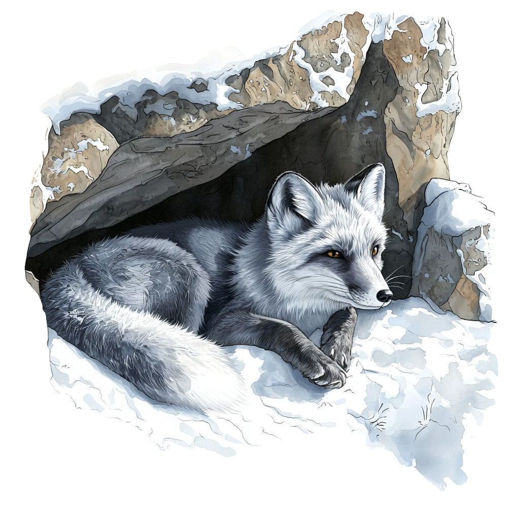 arctic fox, winter landscape, snow scene, rocky cave, grey fur, white fur, amber eyes, mountain backdrop, cold weather, wildlife art, nature illustration, watercolor style, fabric panel, quilting cotton, winter theme, animal portrait, den shelter, ice blue, stone grey, peaceful mood