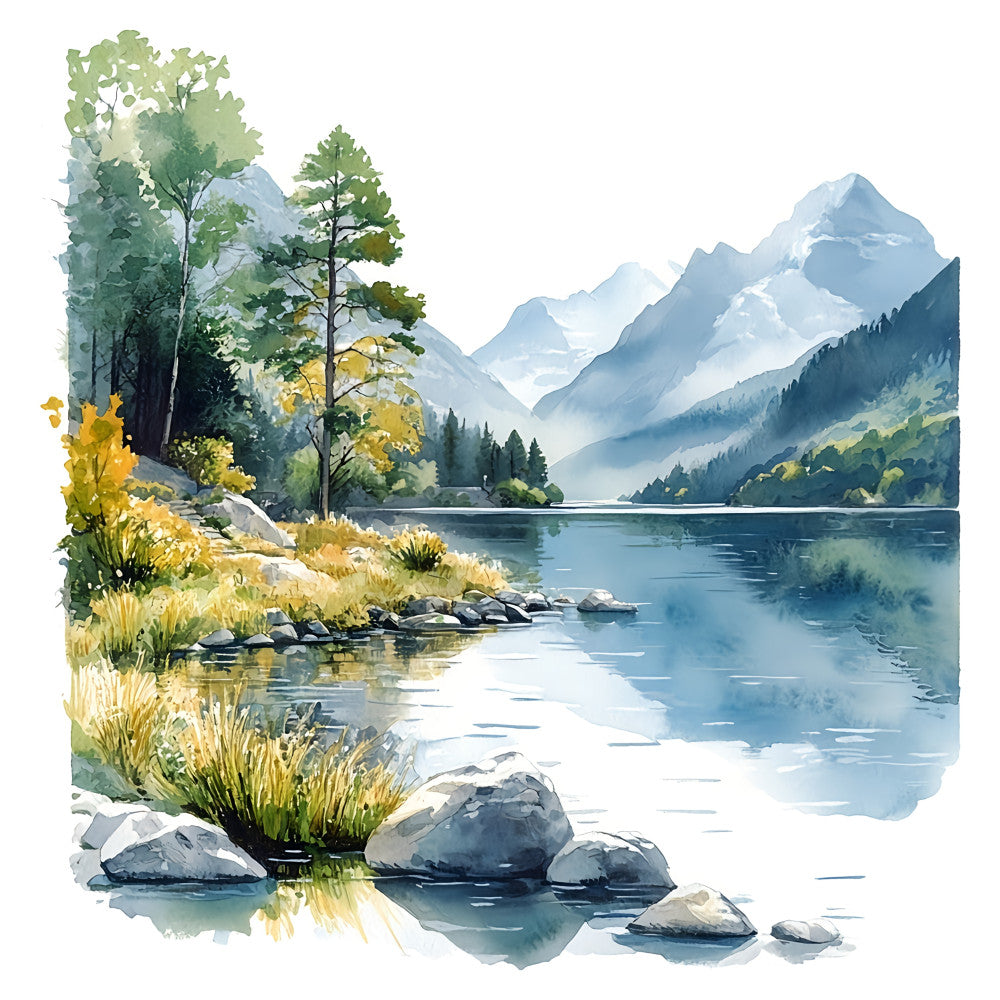 mountain landscape, alpine scenery, snow-capped peaks, lake reflection, watercolor style, nature scene, forest green, sky blue, cream, gold accents, misty mountains, calm water, evergreen trees, scenic vista, rustic, peaceful, tranquil, outdoor theme, lodge style, cabin aesthetic, wild landscape, natural beauty, meadow grasses, rocky shoreline, contemplative, serene, artistic, painterly, autumn gold, spring green
