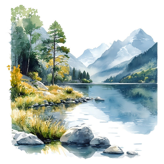 mountain landscape, alpine scenery, snow-capped peaks, lake reflection, watercolor style, nature scene, forest green, sky blue, cream, gold accents, misty mountains, calm water, evergreen trees, scenic vista, rustic, peaceful, tranquil, outdoor theme, lodge style, cabin aesthetic, wild landscape, natural beauty, meadow grasses, rocky shoreline, contemplative, serene, artistic, painterly, autumn gold, spring green