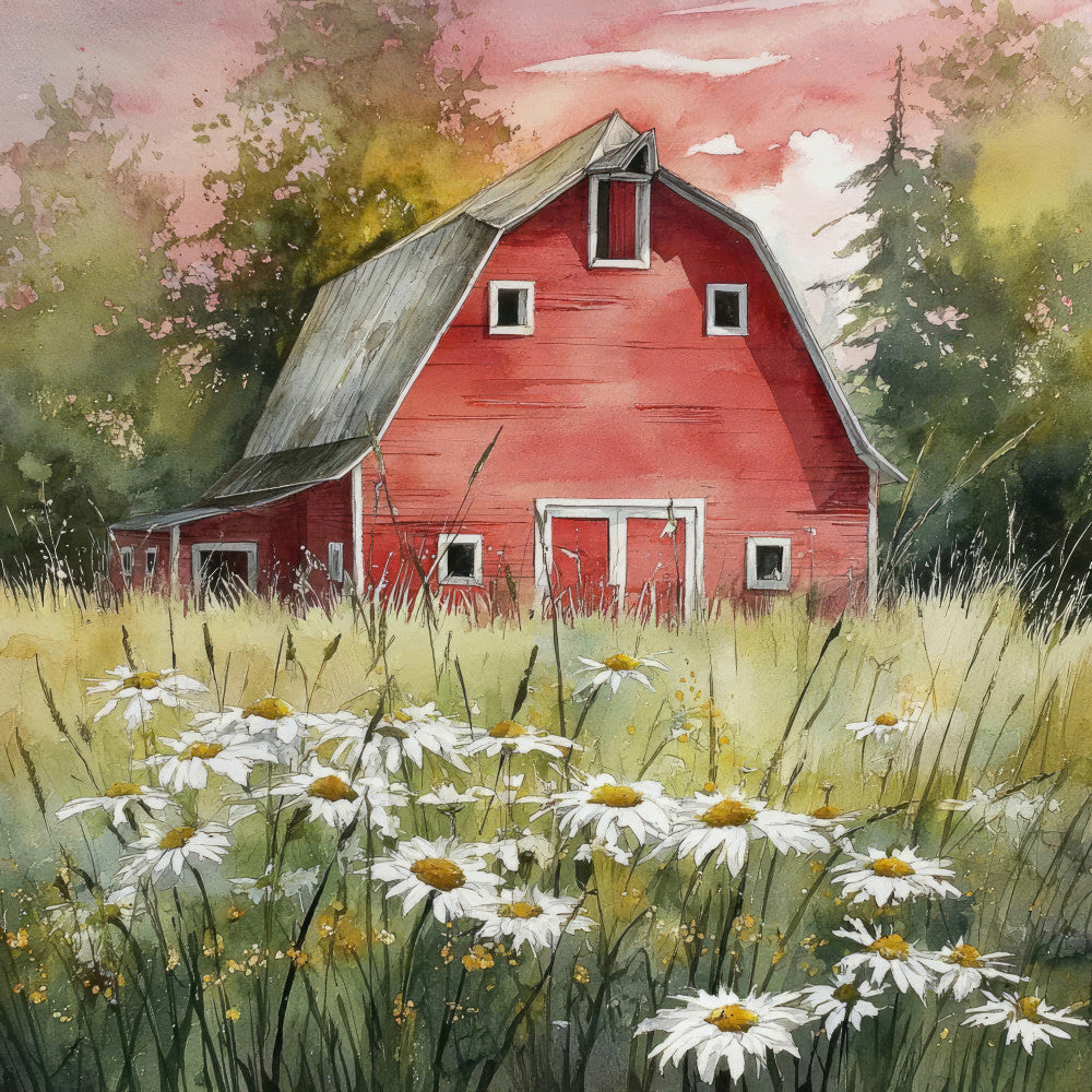 red barn, white daisies, farmhouse, rustic, countryside, rural, pastoral, spring, summer, wildflower, flower meadow, barn landscape, red, cream, white, golden yellow, sage green, soft pink, sky, clouds, nature scene, cottage core, traditional, nostalgic, folk art, watercolor style, wall hanging, home decor, scenic, peaceful