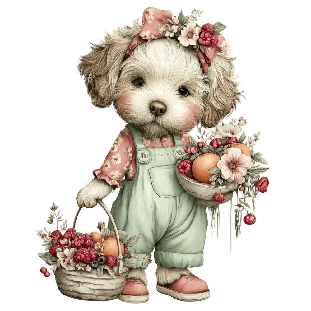 cute puppy, dog, floral, flowers, raspberries, spring, pastoral, whimsical, garden, animals, nature, vintage, shabby chic, farmhouse, children's, baby, cream, ivory, sage green, dusty rose, coral pink, soft colors, berries, botanical, countryside, illustrated, storybook, sweet, charming, folk art