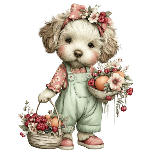 cute puppy, dog, floral, flowers, raspberries, spring, pastoral, whimsical, garden, animals, nature, vintage, shabby chic, farmhouse, children's, baby, cream, ivory, sage green, dusty rose, coral pink, soft colors, berries, botanical, countryside, illustrated, storybook, sweet, charming, folk art