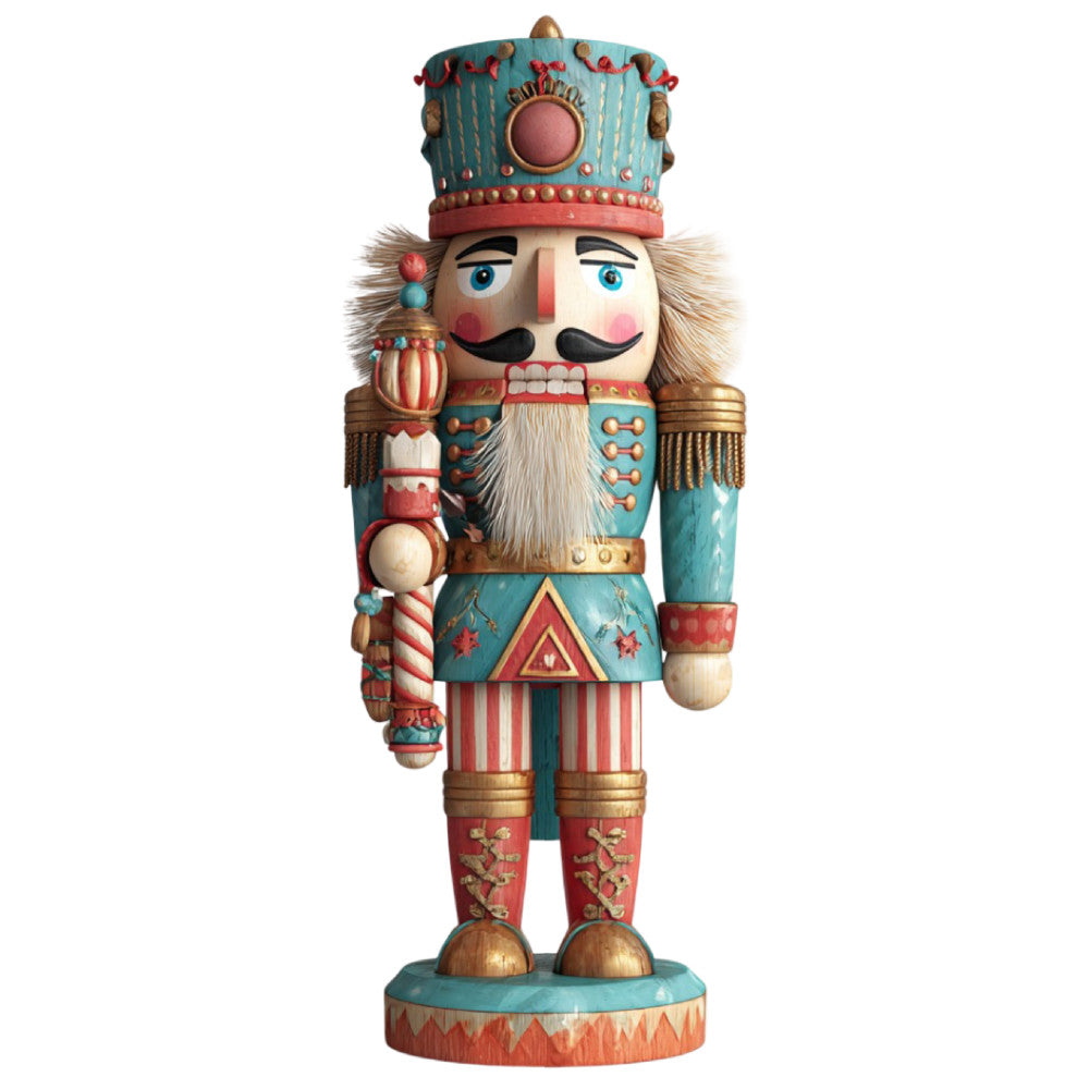 nutcracker, soldier, holiday, christmas, traditional, vintage, whimsical, teal blue, coral red, cream, gold accents, striped, geometric, festive, toy soldier, decorative, wall hanging, children's, seasonal, winter, nostalgic, classic, bearded character, military uniform, ornamental, fairy tale, storybook, decorative panel, celebratory