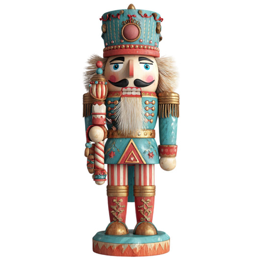 nutcracker, soldier, holiday, christmas, traditional, vintage, whimsical, teal blue, coral red, cream, gold accents, striped, geometric, festive, toy soldier, decorative, wall hanging, children's, seasonal, winter, nostalgic, classic, bearded character, military uniform, ornamental, fairy tale, storybook, decorative panel, celebratory