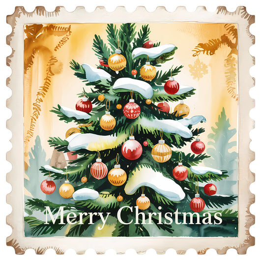Vintage Christmas Stamps Fabric Panel 1 featuring a decorated pine tree with snow and ornaments, printed on premium quilting cotton.