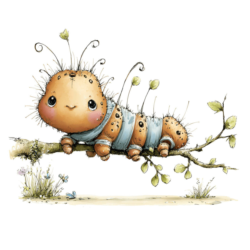 whimsical caterpillar, cute insects, adorable creatures, soft tan, warm beige, dusty blue, sage green, pale yellow, nature illustration, woodland animals, children's design, nursery, baby quilt, storybook style, charming character, folk art, botanical elements, leaves, buds, flowers, spring theme, summer, playful, innocent, gentle, kids fabric, character design, illustrated animals, sweet expression, garden creatures