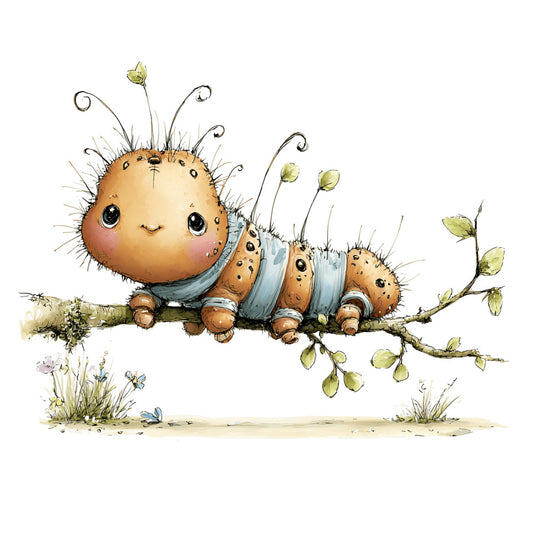 whimsical caterpillar, cute insects, adorable creatures, soft tan, warm beige, dusty blue, sage green, pale yellow, nature illustration, woodland animals, children's design, nursery, baby quilt, storybook style, charming character, folk art, botanical elements, leaves, buds, flowers, spring theme, summer, playful, innocent, gentle, kids fabric, character design, illustrated animals, sweet expression, garden creatures