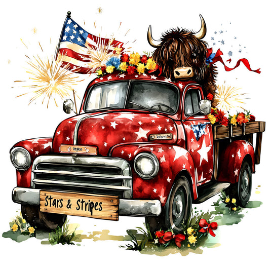 Highland Cows in Vintage Trucks Fabric Panel 8 featuring a patriotic red vintage truck with a Highland cow and American flag design.