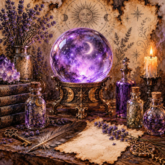 purple, lavender, gold, bronze, deep purple, celestial, mystical, moon, stars, occult, witchy, magical, esoteric, vintage, ornate, elegant, bohemian, tarot, crystal ball, moonphase, astrology, gothic, mysticism, whimsical, enchanted, spell, alchemy, boho, midnight sky