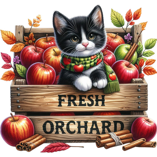 black and white cat, autumn, fall, apples, orchard, red apples, cinnamon sticks, leaves, farmhouse, rustic, whimsical, nature, animals, cute cat, harvest, seasonal, warm tones, cream, deep red, golden yellow, orange, green leaves, countryside, pastoral, decorative panel, wall hanging, cozy